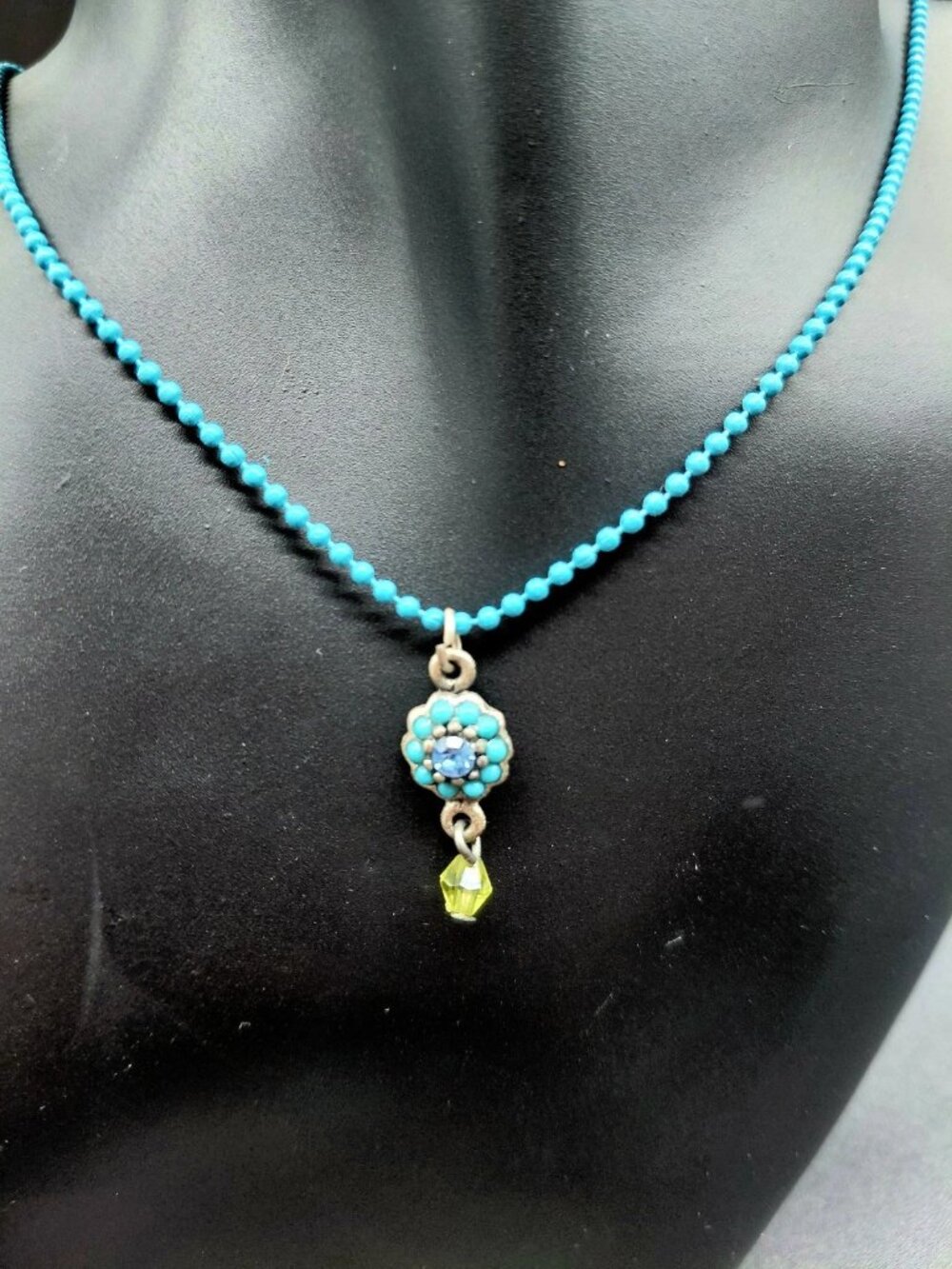 Turquoise Blue Beaded Necklace Silver Crystal Pendant Costume Fashion Jewelry